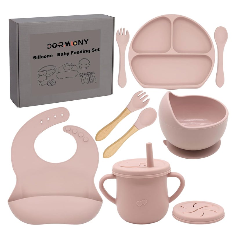 Dormlony 100% Silicone Baby Feeding Set,BPA Free Baby Dishes Set with Suction Bowl Divided Plate,Toddler Self Feeding Dish Set with Spoons Forks Sippy Cup and Bib, Baby Eating Utensils (Pink) - Image 1